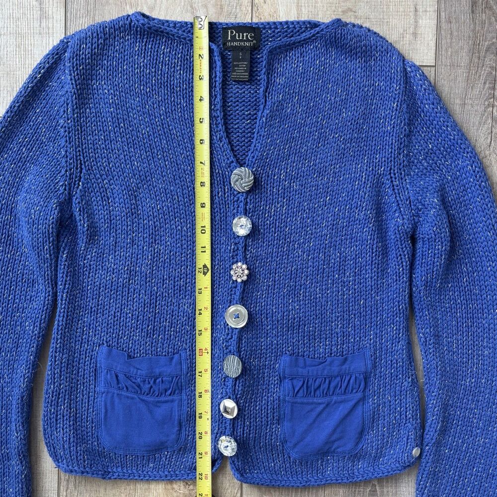 Brooch Button Handknit Womens Cotton Cardigan Size SP Blue Granny Cottagecore - Picture 12 of 12